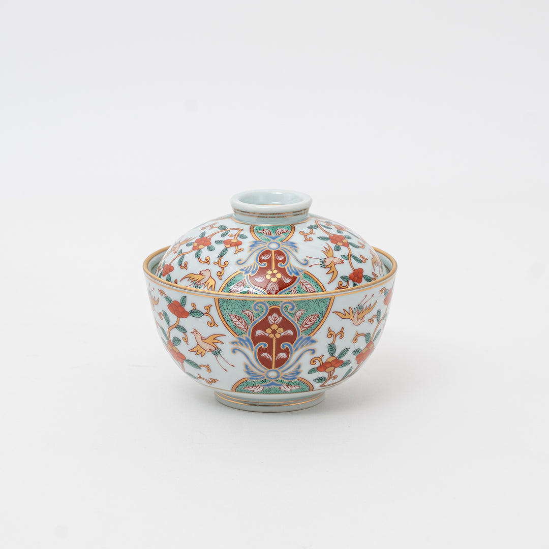 Japanese Arita Ware Ko-Imari style lidded porcelain bowl with intricate multi-color hand-painted patterns, full view