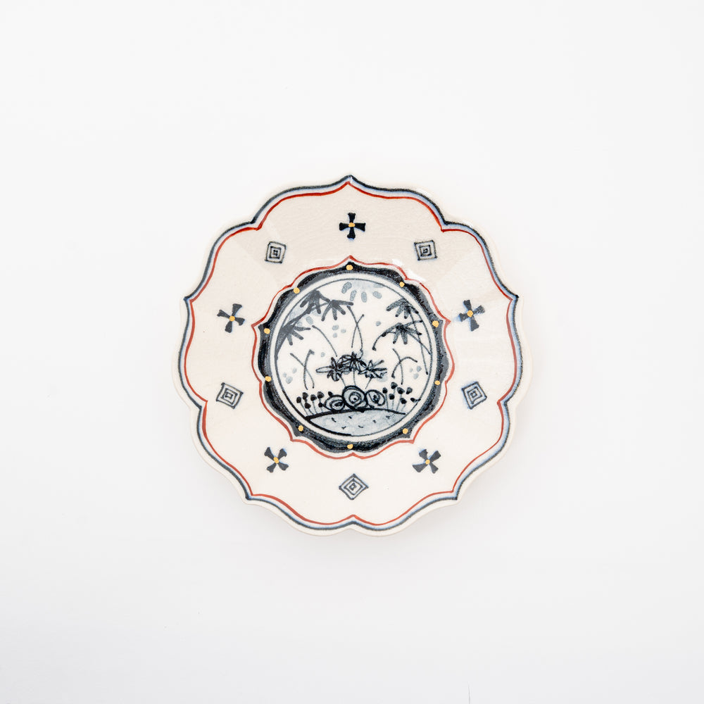 Handcrafted bellflower-shaped ceramic dish with Kan-nyu crackle glaze and a hand-painted floral design in the center