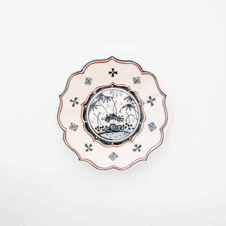 Handcrafted bellflower-shaped ceramic dish with Kan-nyu crackle glaze and a hand-painted floral design in the center