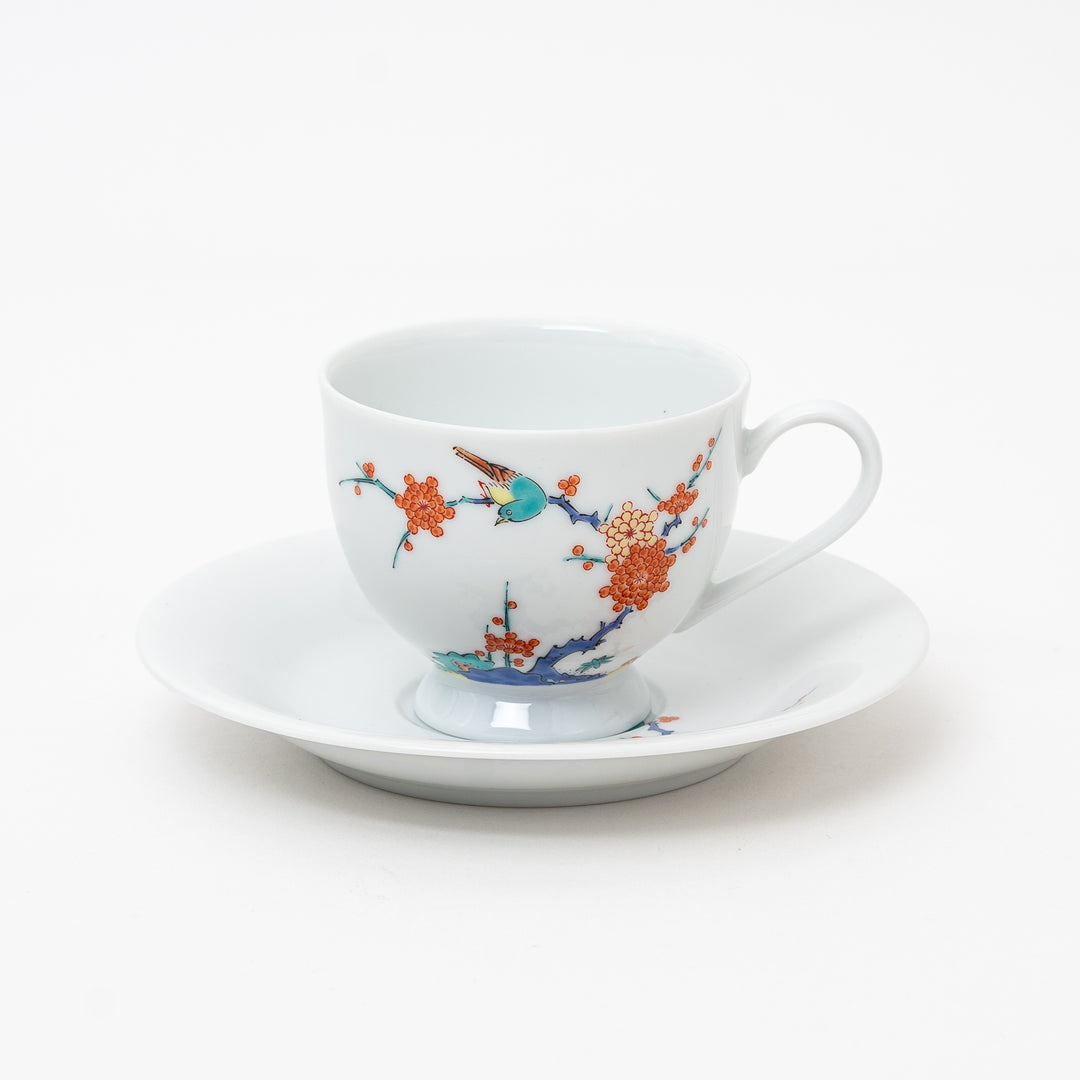 Japanese Arita Ware porcelain coffee cup and saucer set with vibrant hand-painted bird and plum blossom design
