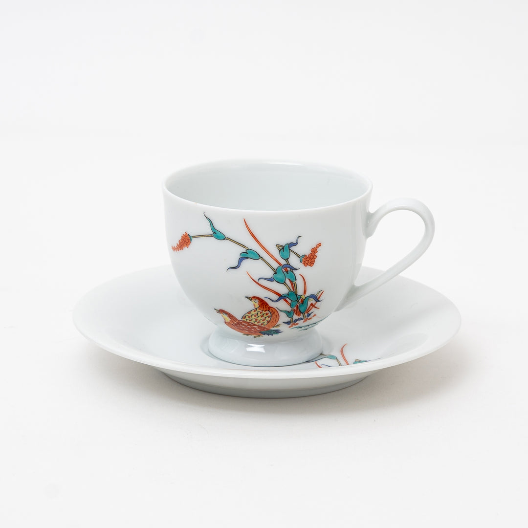 Japanese Arita Ware porcelain coffee cup and saucer set with vibrant hand-painted quail and autumn grass designs