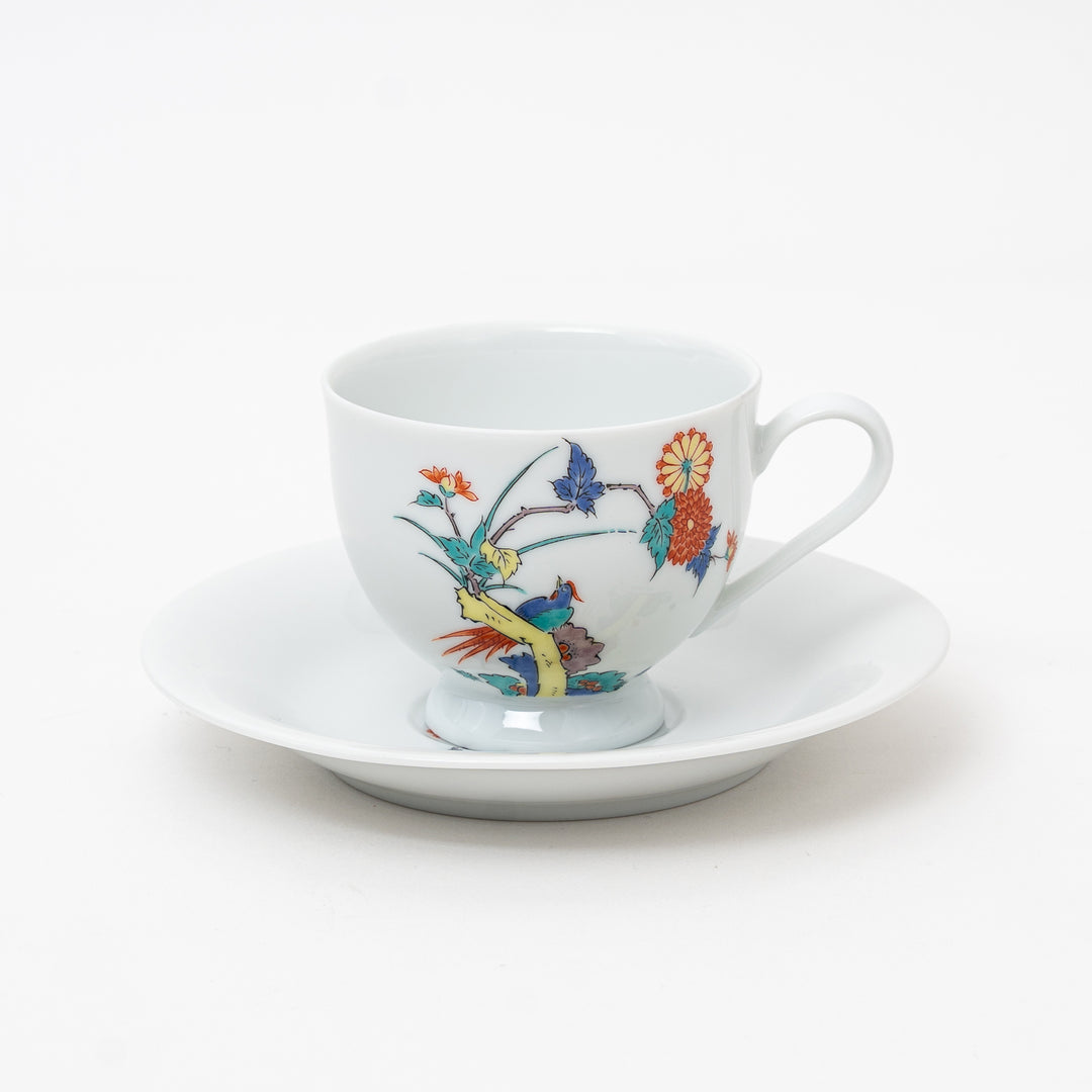 Japanese Arita Ware porcelain coffee cup and saucer set with vibrant hand-painted bird and various floral designs
