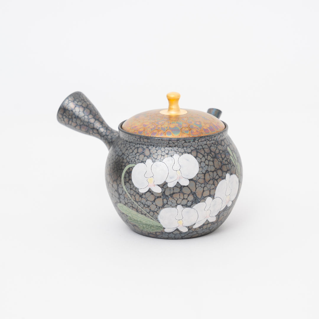 Tokoname Orchid Oil Drop Kyusu Teapot by Shoryu Kiln