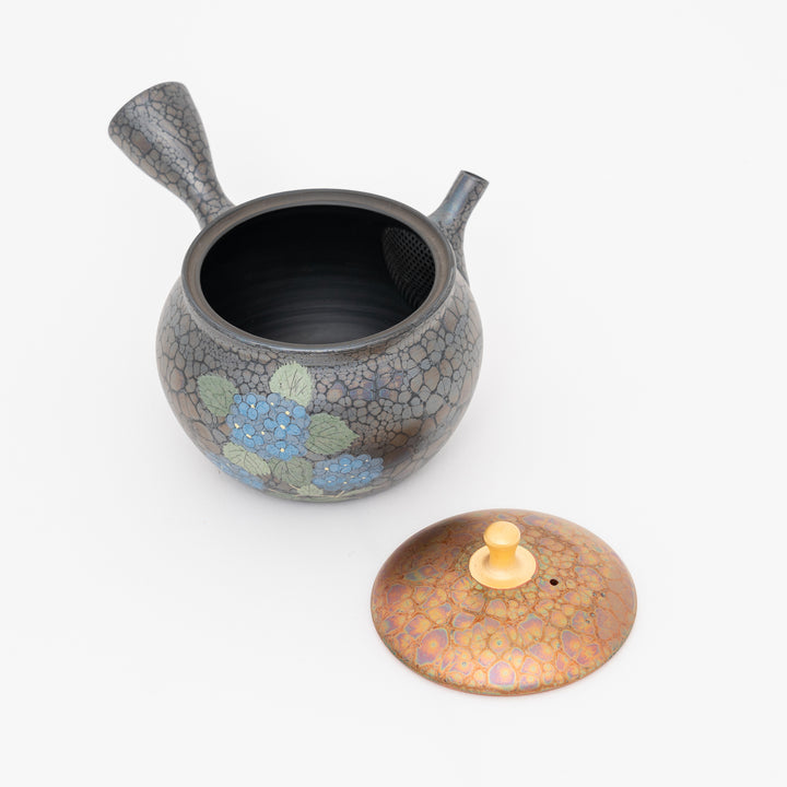 Tokoname Blue Hydrangea Oil Drop Kyusu Teapot by Shoryu Kiln