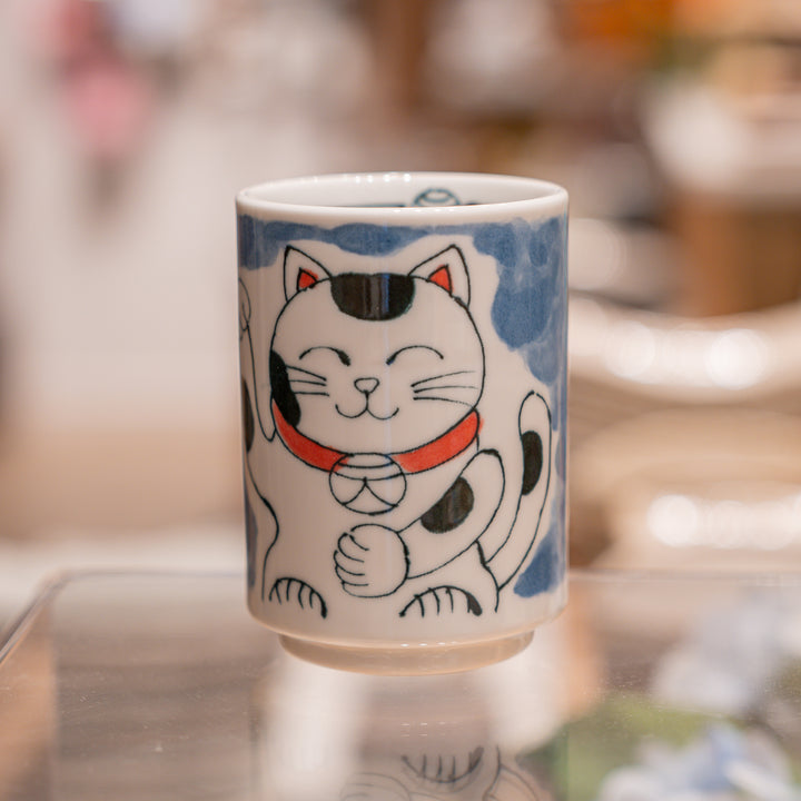 Japanese Maneki-Neko Lucky Cat Porcelain Cup | Blue