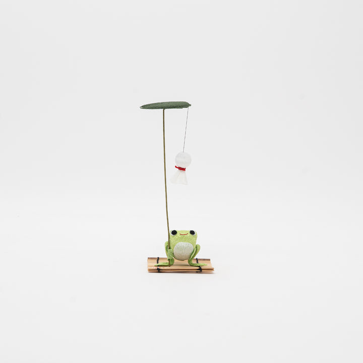 Kyoto Ryukodo handmade Japanese frog figurine with a white teru teru bozu doll, sitting on a bamboo base