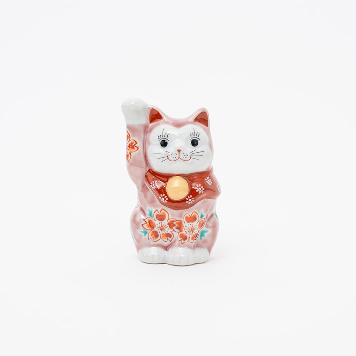 Handcrafted Kutani Ware Maneki Neko Lucky Cat - Elegant Pink Cherry Blossom
