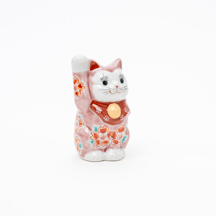 Handcrafted Kutani Ware Maneki Neko Lucky Cat - Elegant Pink Cherry Blossom