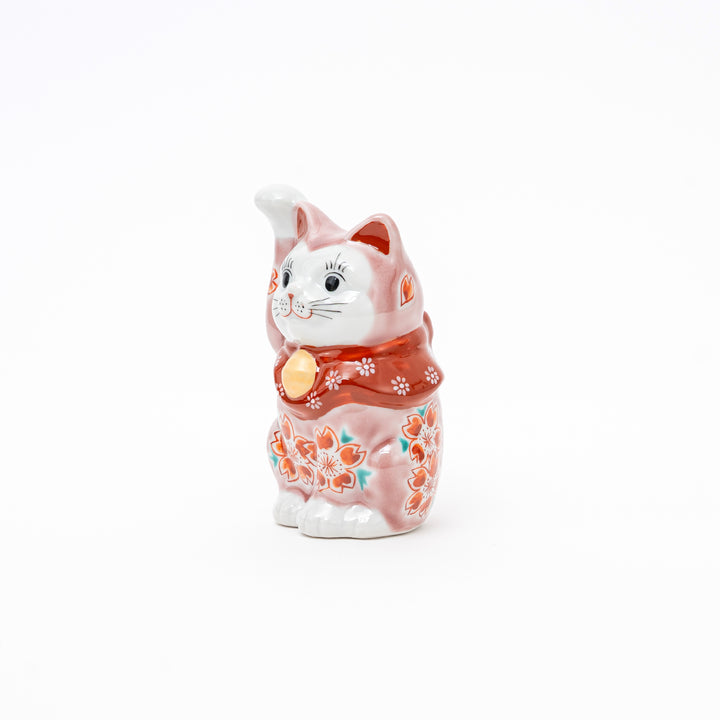 Handcrafted Kutani Ware Maneki Neko Lucky Cat - Elegant Pink Cherry Blossom