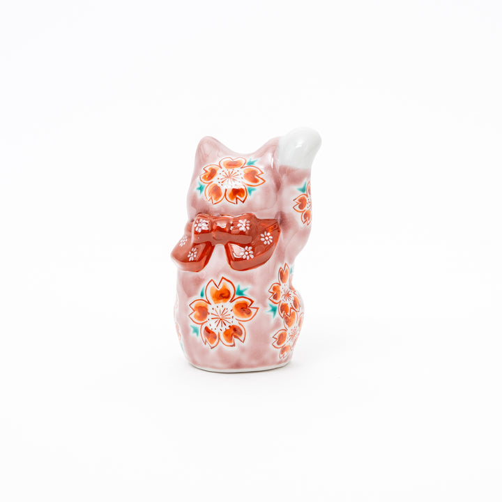 Handcrafted Kutani Ware Maneki Neko Lucky Cat - Elegant Pink Cherry Blossom