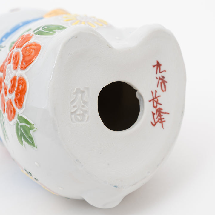 Handcrafted Kutani Ware Lucky Cat - Double-Luck Flower Garden