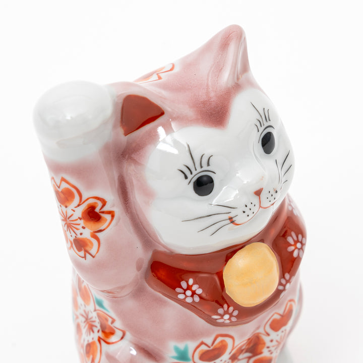 Handcrafted Kutani Ware Maneki Neko Lucky Cat - Elegant Pink Cherry Blossom
