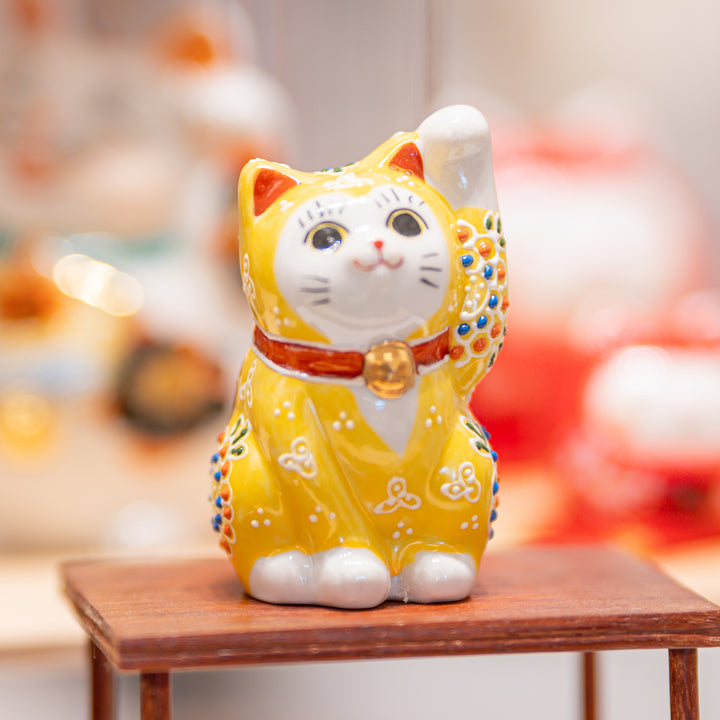Handcrafted Kutani Ware Lucky Cat (Maneki Neko) - Golden Yellow Fortune