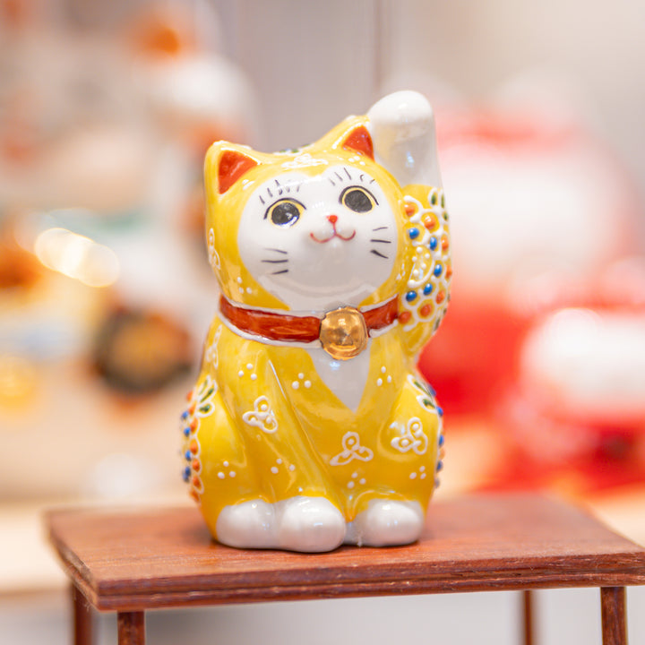 Handcrafted Kutani Ware Lucky Cat (Maneki Neko) - Golden Yellow Fortune