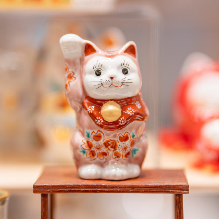 Handcrafted Kutani Ware Maneki Neko Lucky Cat - Elegant Pink Cherry Blossom