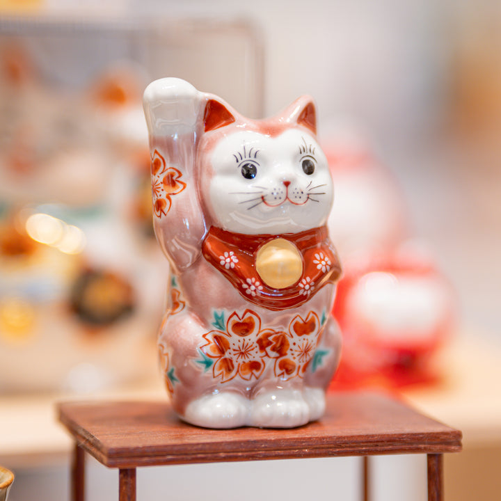 Handcrafted Kutani Ware Maneki Neko Lucky Cat - Elegant Pink Cherry Blossom