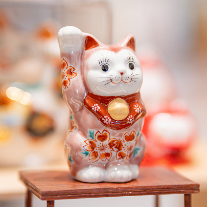 Handcrafted Kutani Ware Maneki Neko Lucky Cat - Elegant Pink Cherry Blossom