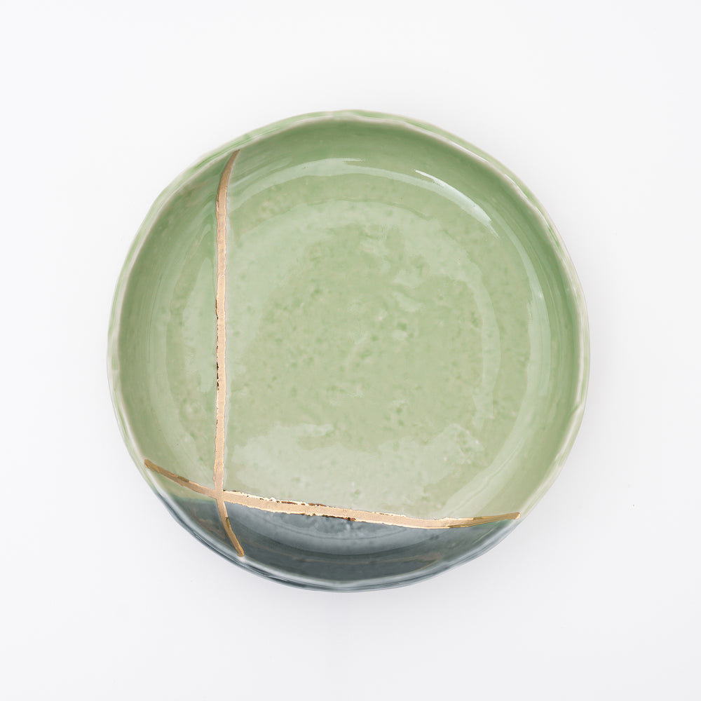 Handmade Green Kintsugi design Shallow Bowl Pasta Plate
