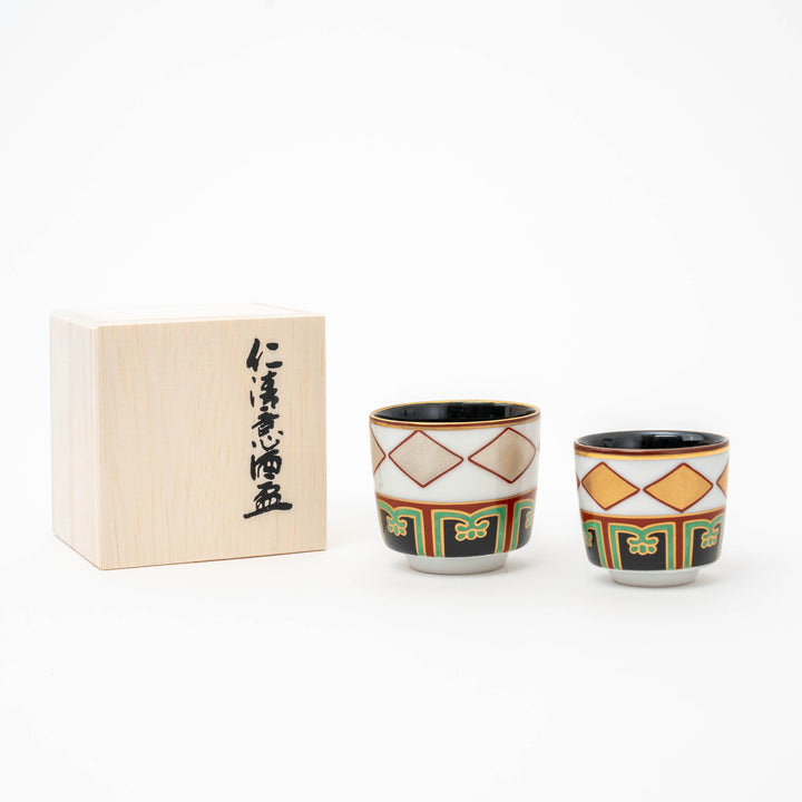 Handcrafted Overglazed Sake Cup Set of 2 in a Wooden Gift Box by Zoho Gama 藏珍窯
