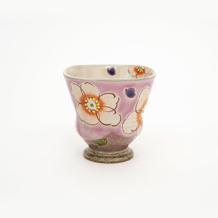 Kutani Ware Hand-Painted Tea Cup/Yunomi Crackle Glazed Pink Floral by Kokuzougama 虚空蔵窯