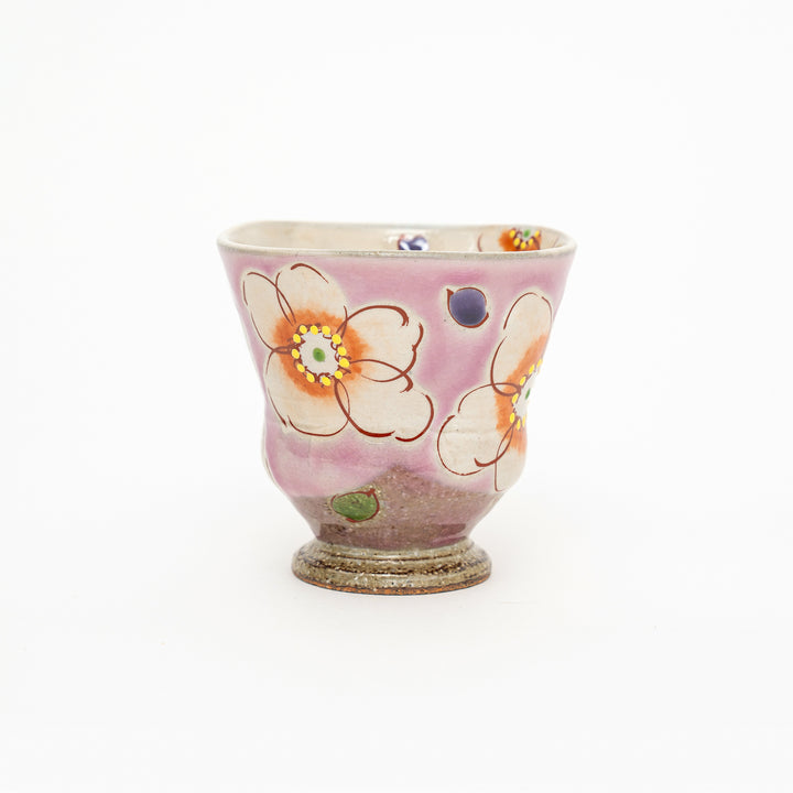 Kutani Ware Hand-Painted Tea Cup/Yunomi Crackle Glazed Pink Floral by Kokuzougama 虚空蔵窯
