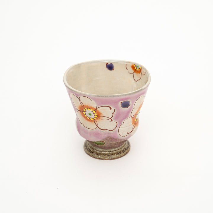 Kutani Ware Hand-Painted Tea Cup/Yunomi Crackle Glazed Pink Floral by Kokuzougama 虚空蔵窯