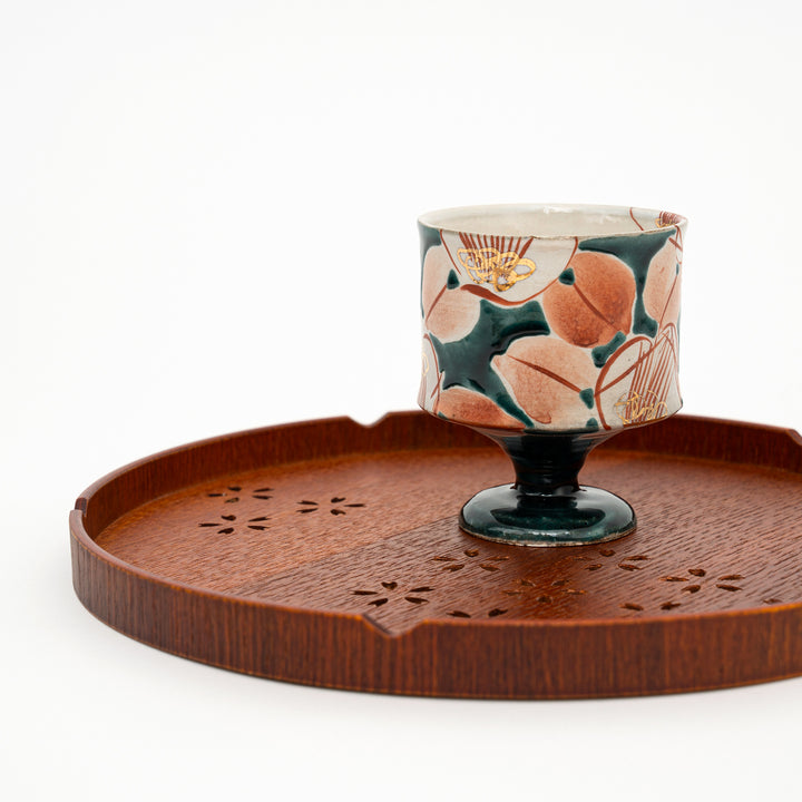 Kutani Ware Hand-Painted Goblet Crackle Glazed Camellia by Kokuzougama 虚空蔵窯