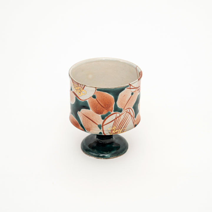 Kutani Ware Hand-Painted Goblet Crackle Glazed Camellia by Kokuzougama 虚空蔵窯