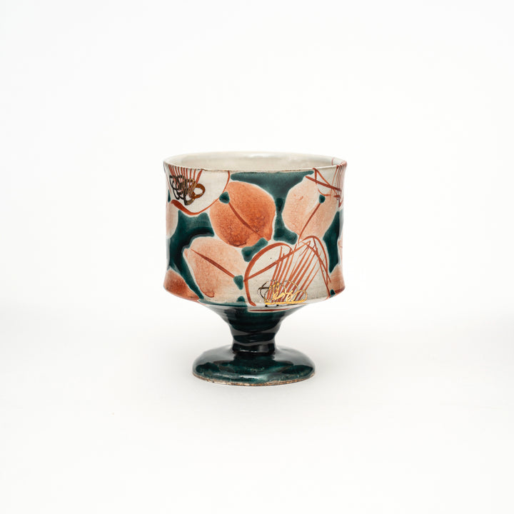 Kutani Ware Hand-Painted Goblet Crackle Glazed Camellia by Kokuzougama 虚空蔵窯