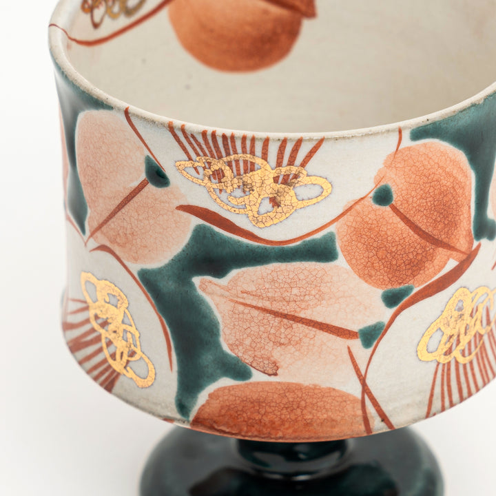 Kutani Ware Hand-Painted Goblet Crackle Glazed Camellia by Kokuzougama 虚空蔵窯