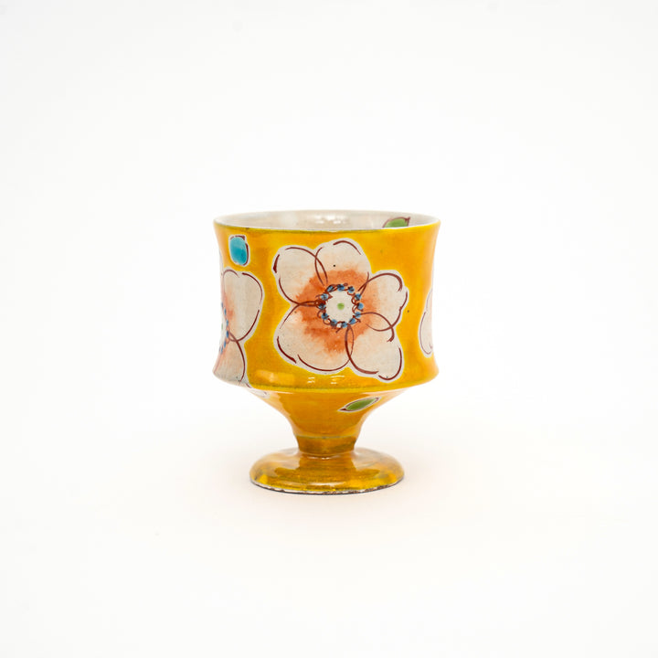 Kutani Ware Hand-Painted Goblet Crackle Glazed Yellow Floral by Kokuzougama 虚空蔵窯