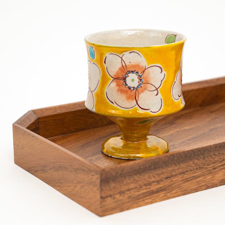 Kutani Ware Hand-Painted Goblet Crackle Glazed Yellow Floral by Kokuzougama 虚空蔵窯