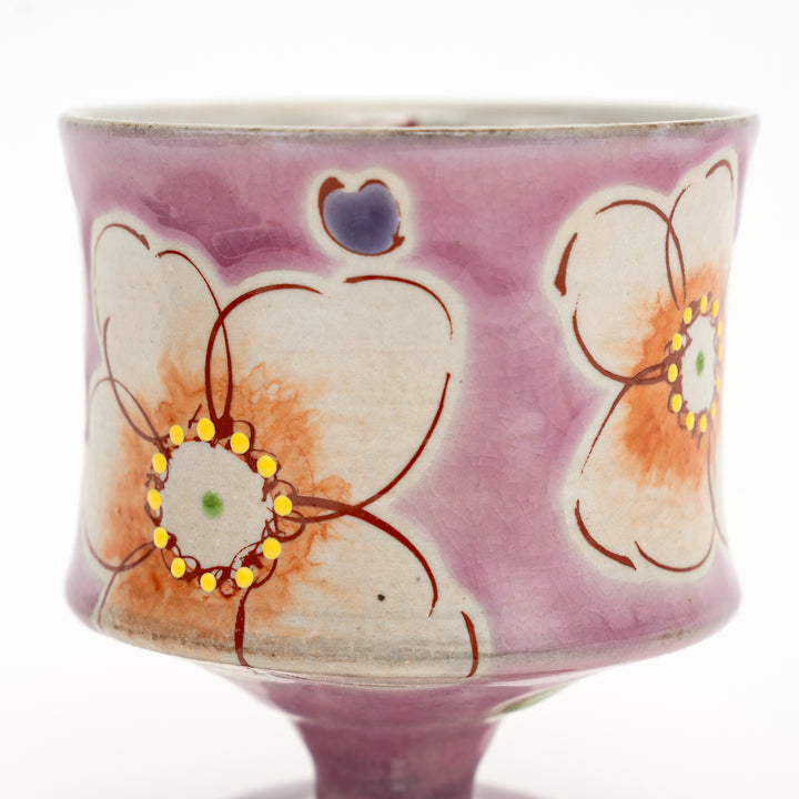 Kutani Ware Hand-Painted Goblet Crackle Glazed Pink Floral by Kokuzougama 虚空蔵窯