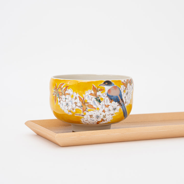 Kutani Bizan Kiln Yoshidaya Sakura and Bird Matcha Bowl
