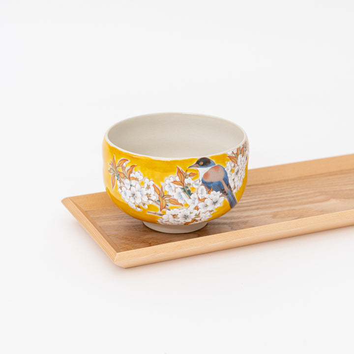 Kutani Bizan Kiln Yoshidaya Sakura and Bird Matcha Bowl