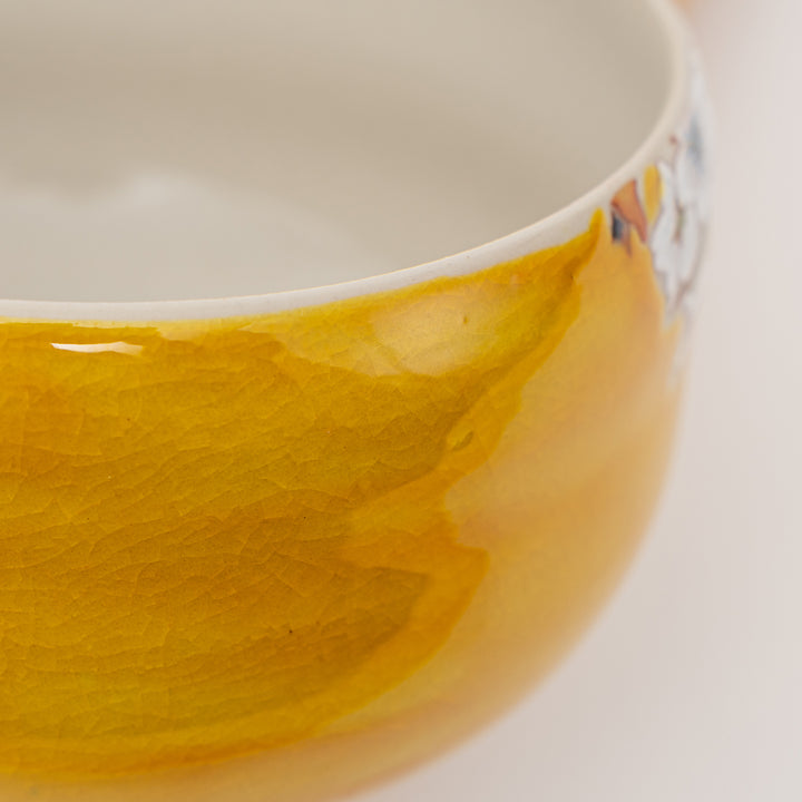 Kutani Bizan Kiln Yoshidaya Sakura and Bird Matcha Bowl