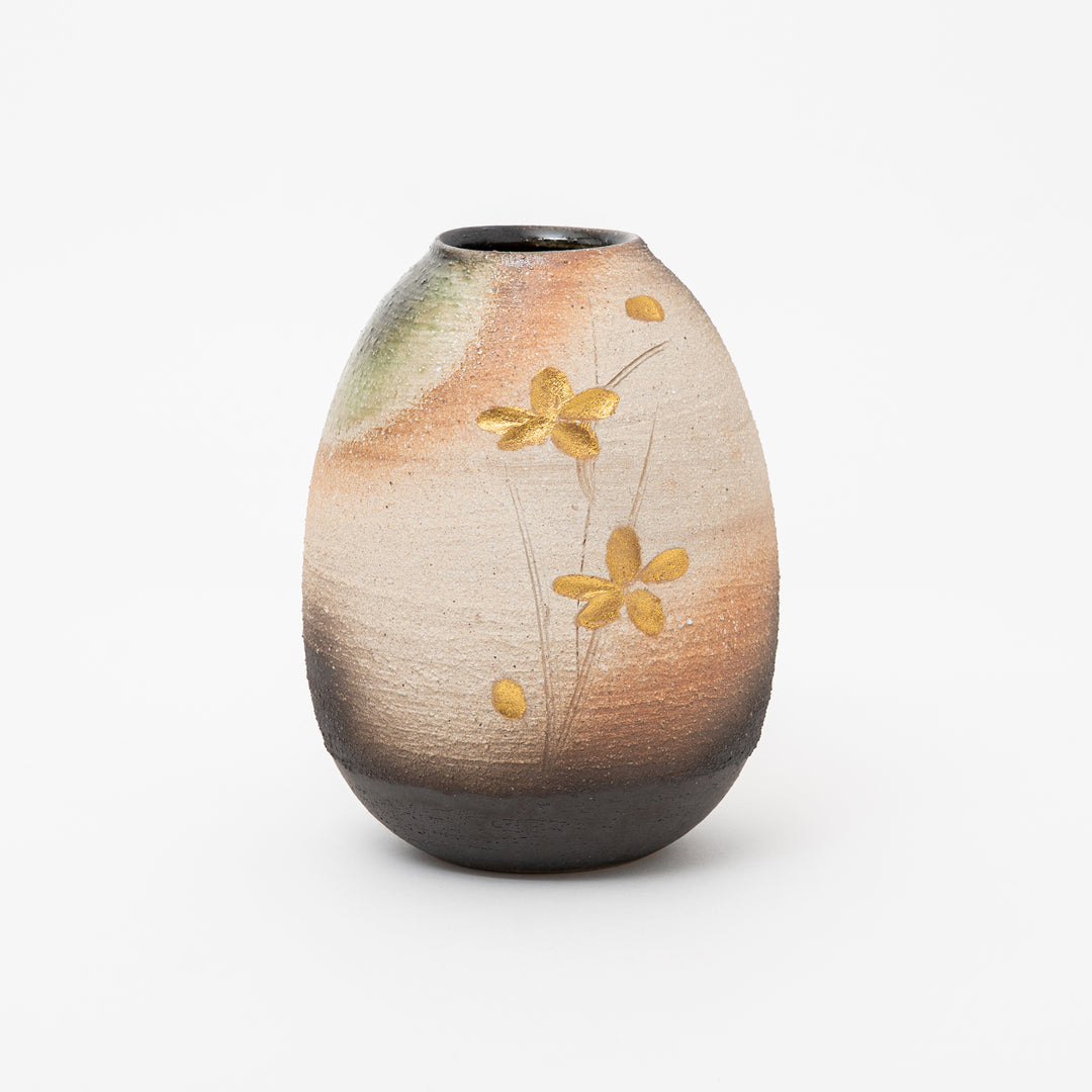 Handmade Shigaraki Egg Vase | Multi-Tone Glaze, Gold Flower Art & Ikebana Decor
