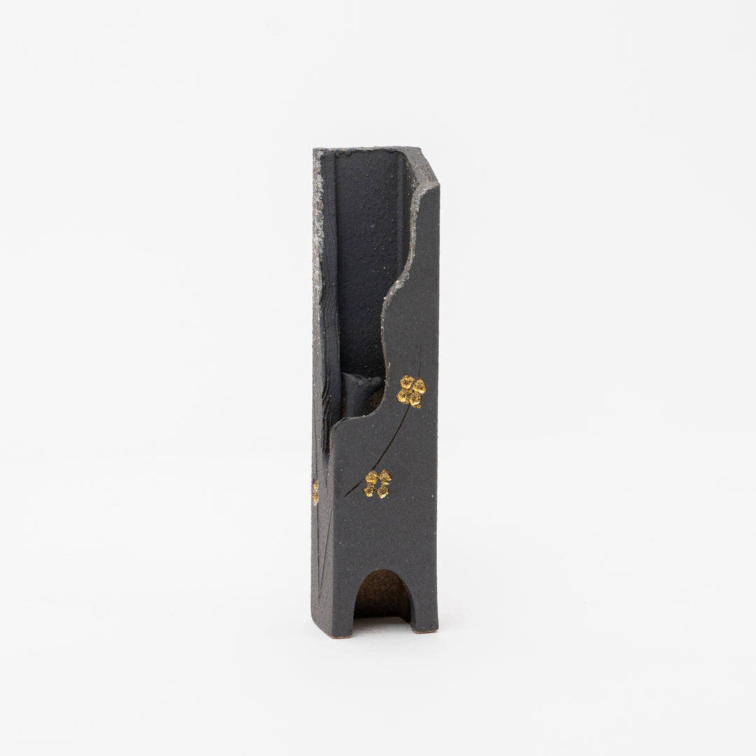 small black and gold tall Japanese Shigaraki Ikebana Table Shelf Vase