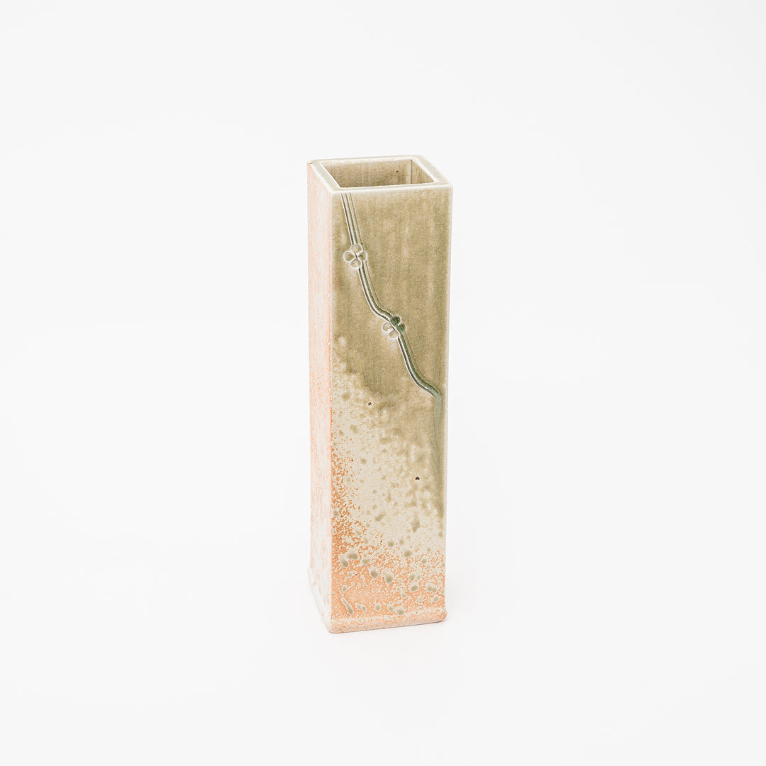 Modern Shigaraki Tall Rectangular Vase | Two-Tone Finish with Delicate Flowers
