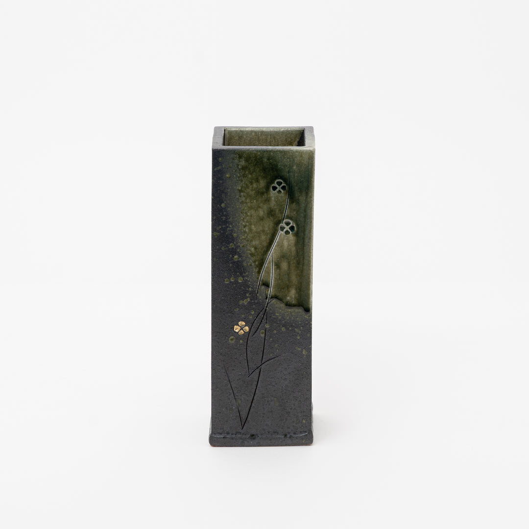 Dark Clay Shigaraki Tall Vase | Modern Minimalist with Golden Floral Accent