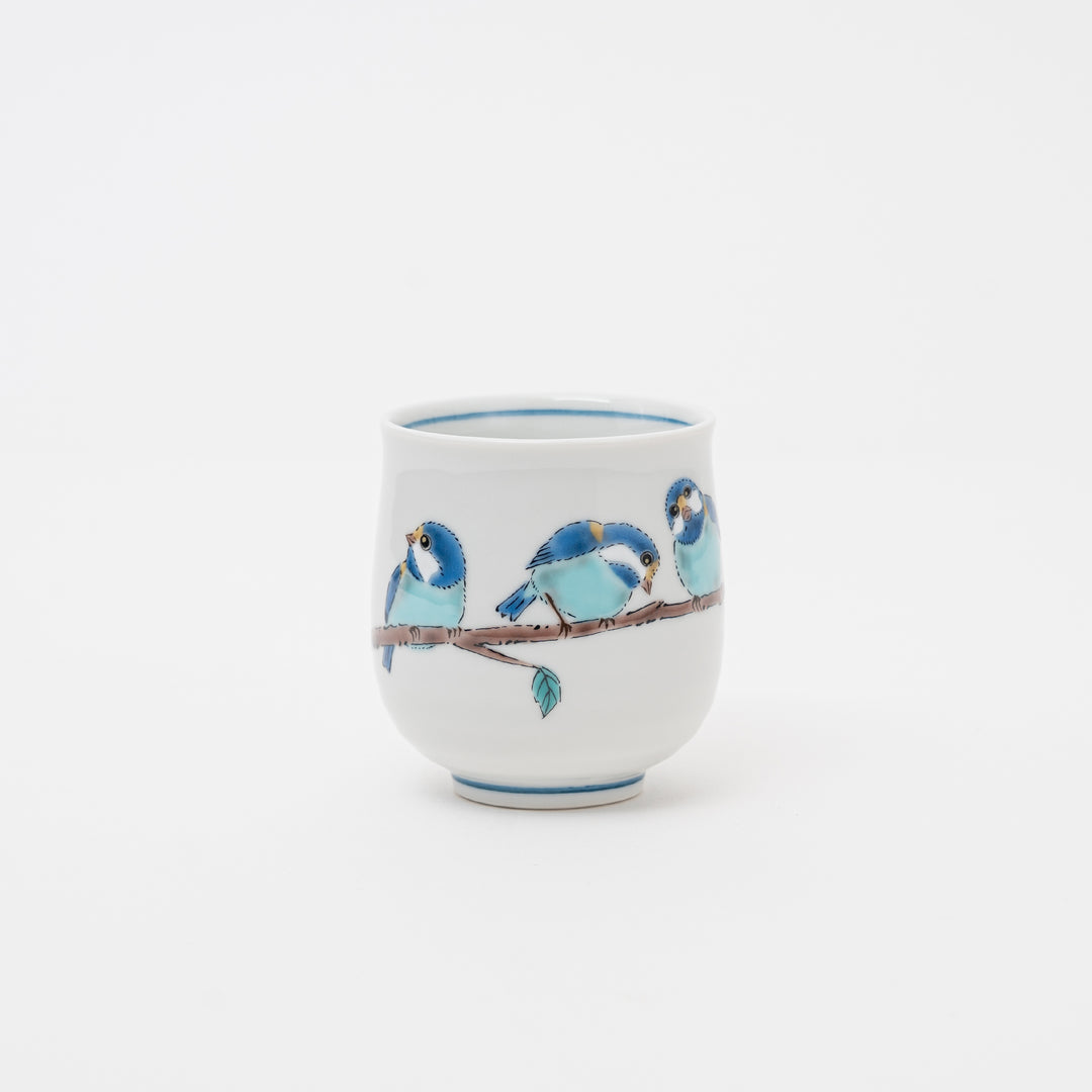 Authentic Kutani ware ceramic tea cup with hand-painted blue birds on branch