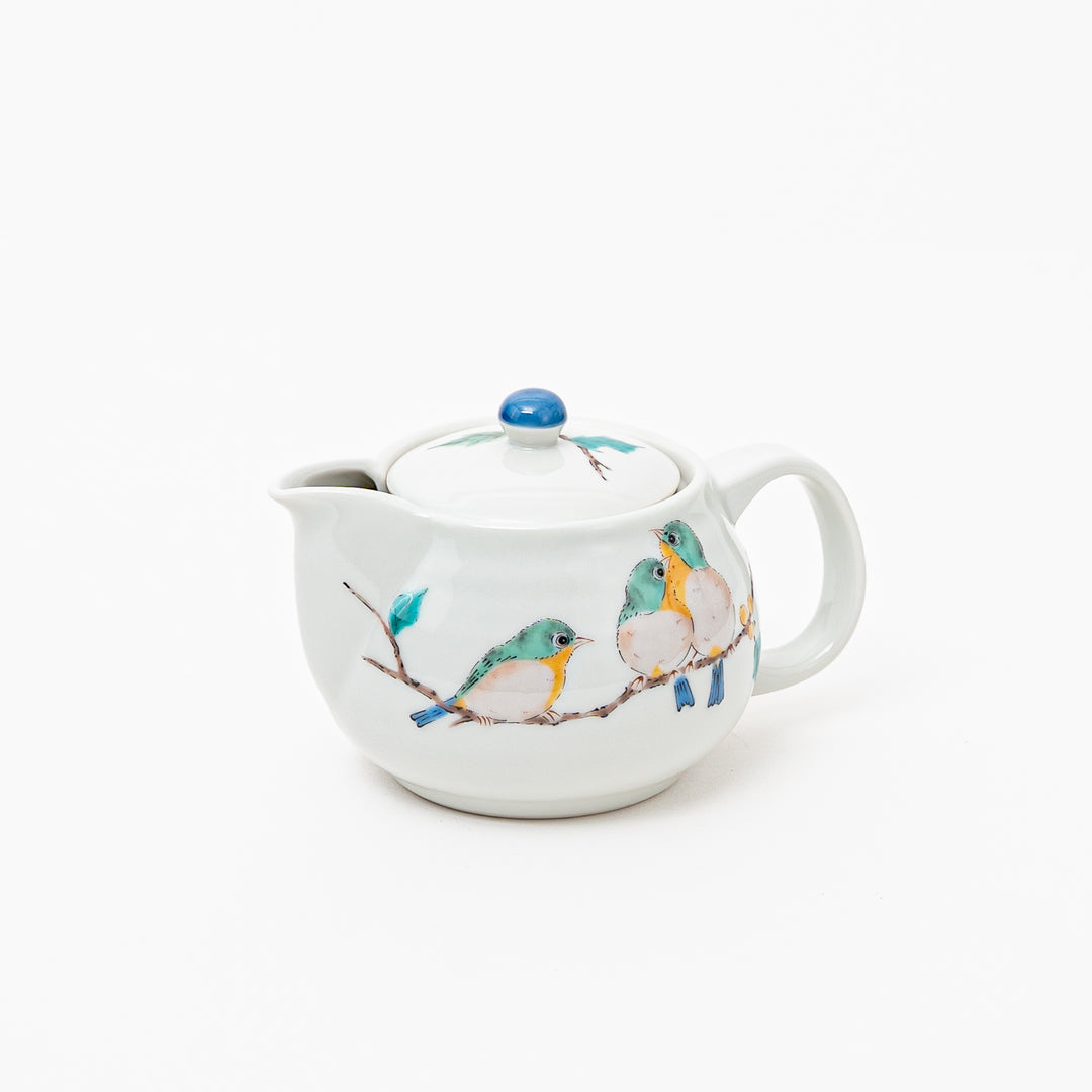 Authentic Kutani ware ceramic teapot with hand-painted birds on branch
Japanese kyusu tea pot with blue knob and bird design