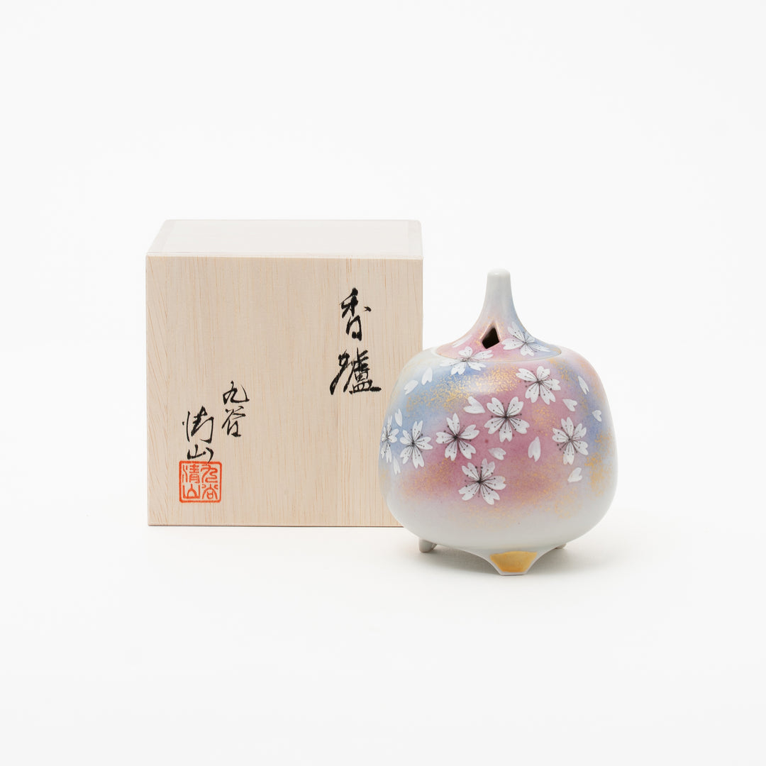 Authentic Kutani ware cherry blossom incense burner with wooden box