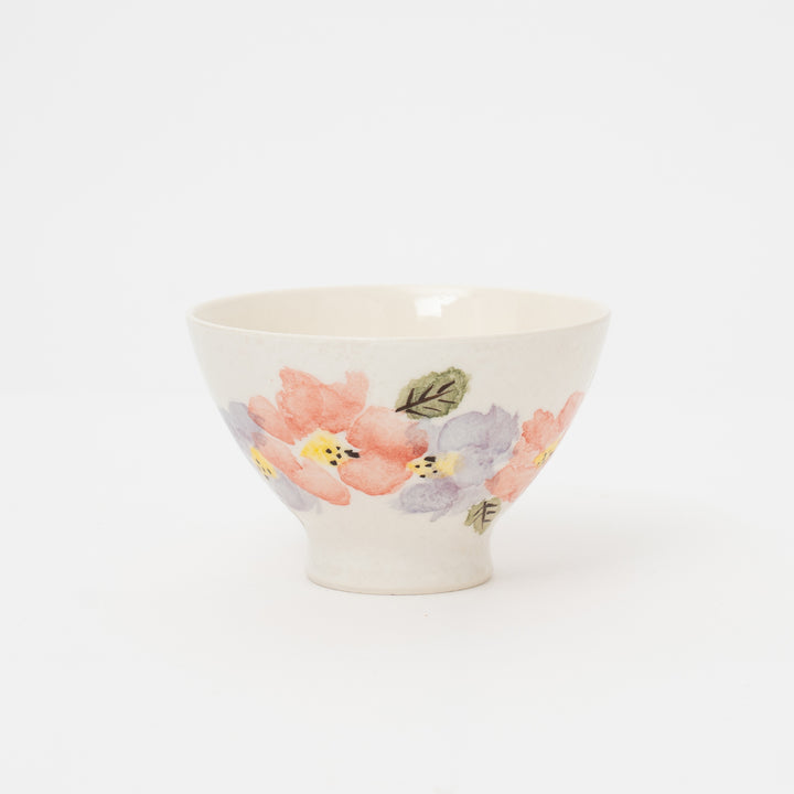 Handmade Rice Bowl with Delicate Pink and Purple Floral Design