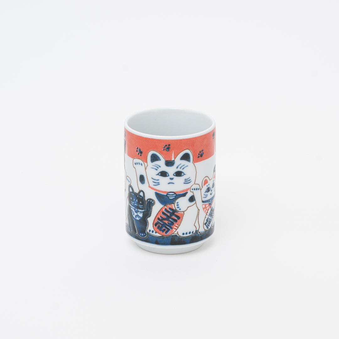 Japanese Lucky Cat Cup - White Maneki-Neko porcelain mug with hand-painted details and blue background