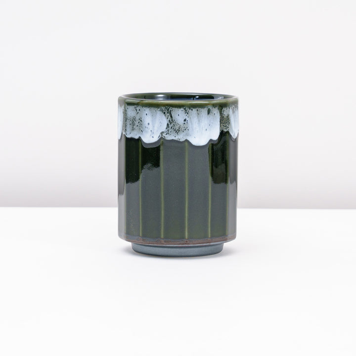 Mino Ware Japanese Tea Cup with Emerald Green with White Wave-Like Rim