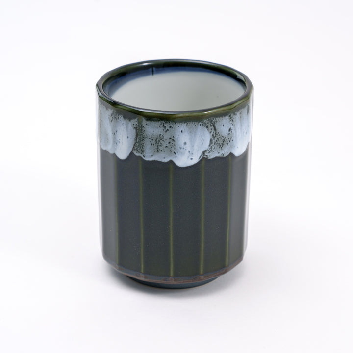 Mino Ware Japanese Tea Cup with Emerald Green with White Wave-Like Rim