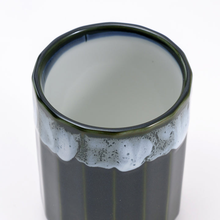 Mino Ware Japanese Tea Cup with Emerald Green with White Wave-Like Rim