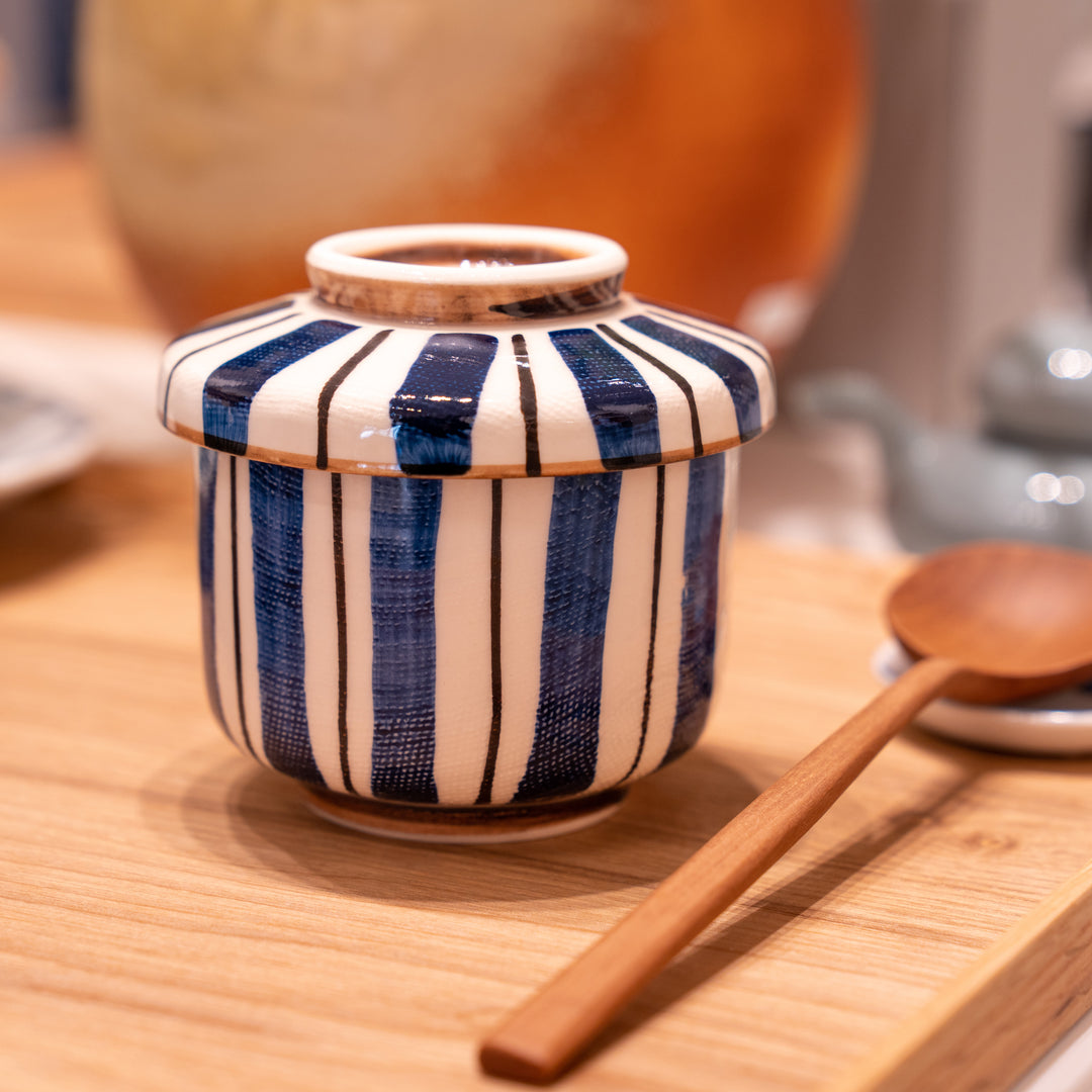 Japanese Seto Ware Ceramic Blue and White Stripes Chawanmushi Cup with Lid