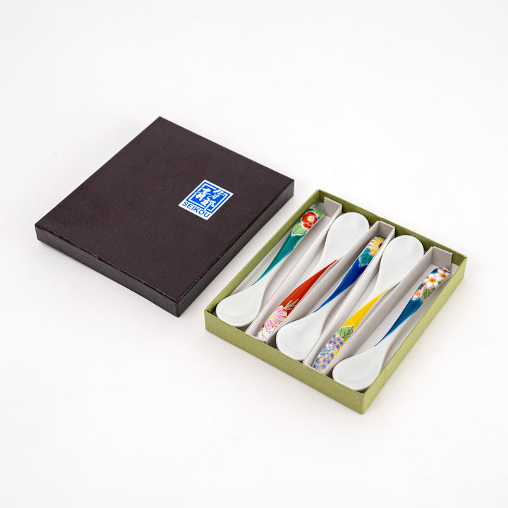 Kutani Yaki Hand-painted Flower Tea Spoon Set of 5